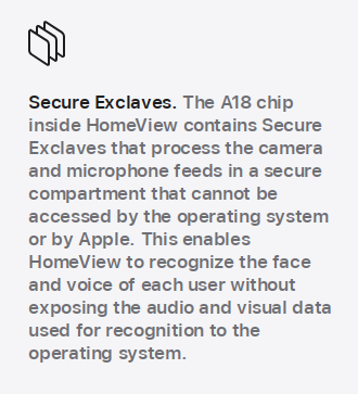 screenshot of apple store page: "Secure Exclaves.

The A18 chip inside HomeView contains Secure Exclaves that process the camera and microphone feeds in a secure compartment that cannot be accessed by the operating system or by Apple. This enables HomeView to recognize the face and voice of each user without exposing the audio and visual data used for recognition to the operating system."