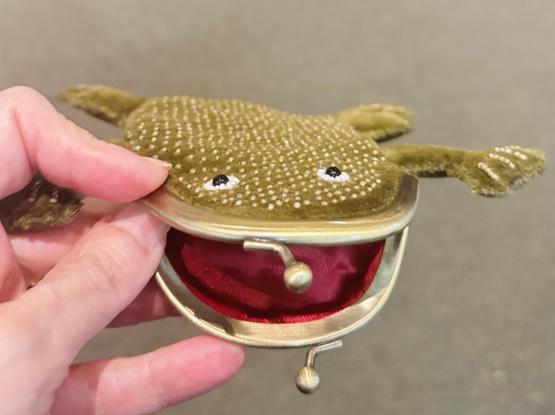 A color photo of me holding a little change purse. My hand is on the left side and it is shaped like a full frog with its four little arms and legs outstretched about to jump. It's made out of green velvet with little white dots to give it some texture and two googly eyes. It's mouth is the top of the purse where it clicks together and when it's open you can see the red velvet inside. It is on a beige background.