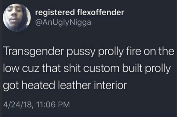 tweet by "anugglynigga" that says "transgender pussy prolly fire on the low cuz that shit custom built prolly got heated leather interior"