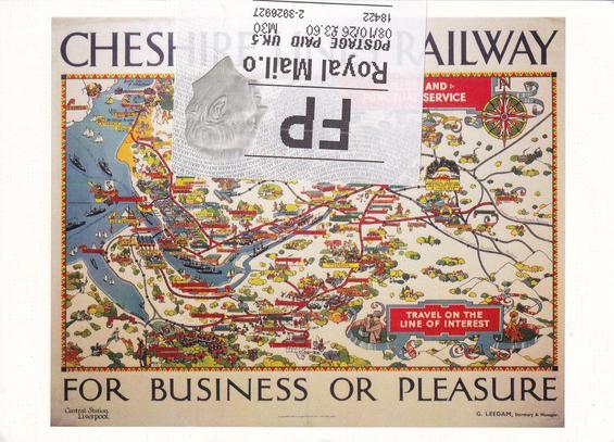 Postcard titled "Cheshire Lines Railway" with a colorful illustrated map of the rail lines. Caption on back: "'For Business or Pleasure', CLR poster, c1920s. Poster produced for Cheshire Lines Railway to promote rail services on the company's routes."