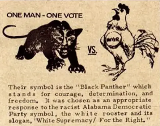 Excerpt of a campaign brochure for the Lowndes County (Alabama) Freedom Organization LCFO circa October, 1966.

Reading "One Man - One Vote" above the now iconic depiction of an attacking Black Panther besides a white rooster with a big "Mayor" pin, seperated by a "VS.".

Beneath a text reads, "Their symbol is the "Black Panther" which stands for courage, determination, and freedom. It was chosen as an appropriate response to the racist Alabama Democratic Party symbol, the white rooster and its slogan, "White Supremacy / For the Right.""

["Because of Alabama’s high rate of adult illiteracy, every political party in the state had to have a ballot symbol."]