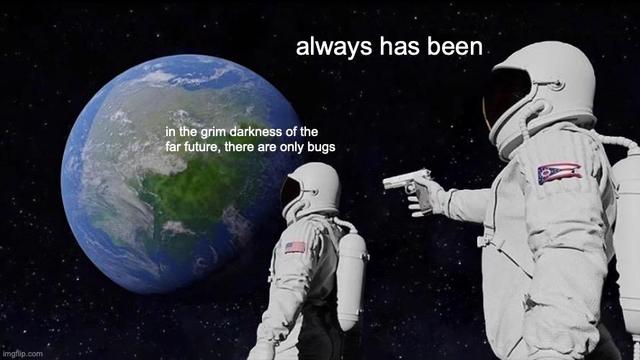 always has been meme with “in the grim darkness of the far future, there are only bugs”