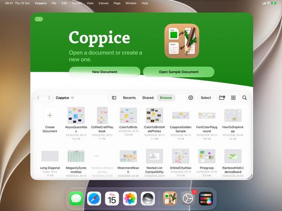 Coppice document panel on iPad with colorful elements and document previews