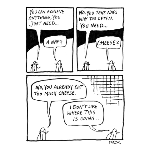 Three-panel comic with two flies. Panel 1: "You can achieve anything, you just need..." / "A nap?" Panel 2: "No, you take naps way too often. You need..." / "Cheese?" Panel 3: "No, you already eat too much cheese." / "I don't like where this is going..."