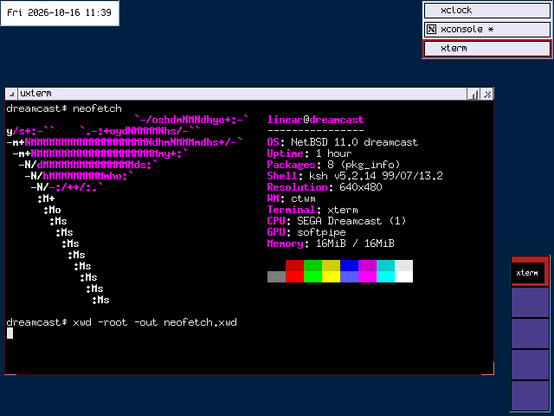 a NetBSD ctwm desktop with a single uxterm window open, showing the output of neofetch. it tells us that this is a NetBSD 11.0 dreamcast system that has been up for 1 hour, has 8 packages, runs ctwm at 640x480, the CPU is a "SEGA Dreamcast", with "softpipe" (emulated) gpu, and 16MiB of memory.