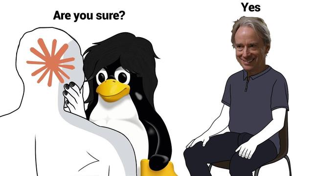 "Cuck meme", but cuck is Linus Torvalds handing Linux kernel over to Claude.