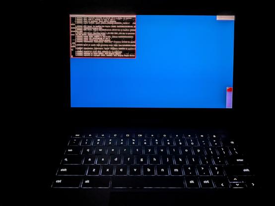 Picture of my laptop (Samsung Galaxy Chromebook, Google/Hatch/KOHAKU) at night. It runs live image of NetBSD, booted into default X11 session (with graphical corruption) and terminal showing dmesg output.