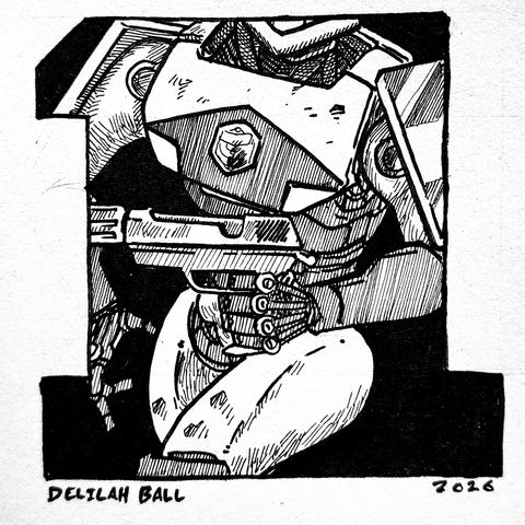 A comic cell in the shape of a 1, with a giant robot wielding a automatic pistol resembing a baretta 93r. The mech has a black white police style paint job.