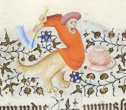 In a margin of a medieval manuscript, a hybrid man, his lower half resembling that of a cat, raises an adze behind his back with both hands, looking toward an overturned pitcher before him.