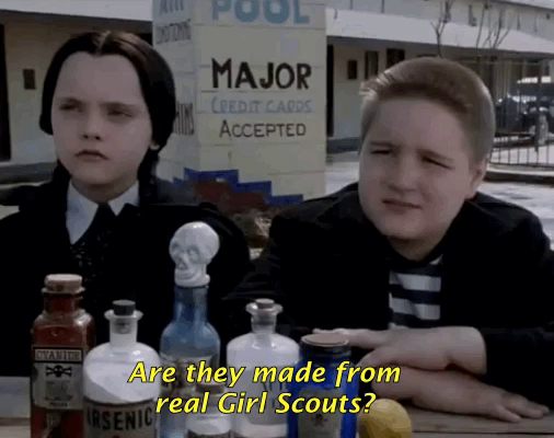 Clip from the Addams family where Wednesday is selling lemonade and a Girl Scout asks if it’s made from real lemons, and Wednesday replies asking if the Girl Scout cookies are made of real Girl Scouts