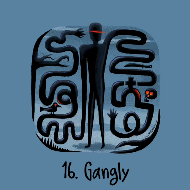 Screen recording process of drawing the gangly prompt. Just winging it with a very fat black marker, creating flowing shapes, forming the slender man‘s arms. Then using the watercolor brush to subtly shade, the twisting shapes.