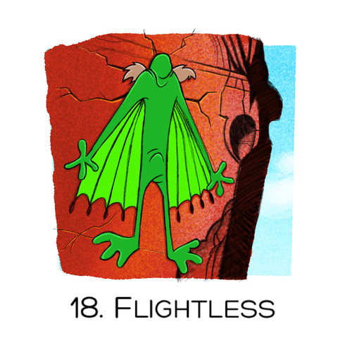 A cartoon style drawing of Wile E Coyote, flat-faced against the side of a cliff, wearing a green bat suit. The text reads 18: Flightless.
