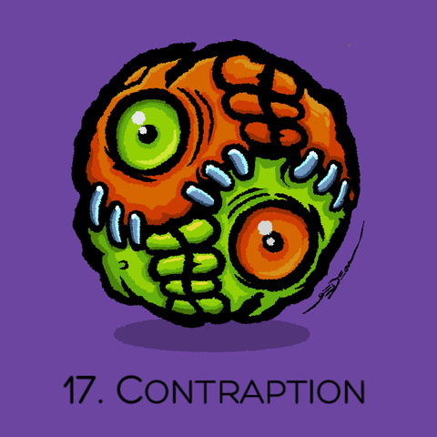 A bold, graphic and somewhat creepy illustration of what appears be two skulls (orange and green) stitched crudely together to form a kind of bizarre Yin Yang symbol with two very glassy, large eyes, staring back at the viewer. Day 17: Contraption