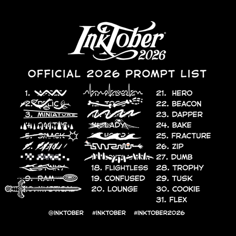 The official Inktober 2026 prompt list with Day 17: Contraption crossed off with a long, sloppy stitch like you’d see on Frankenstein