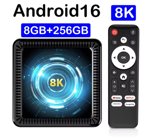 A common fake promotional image for set top Android TV boxes running Android 16, supporting 8K video, with 8GB of RAM and 256GB of storage