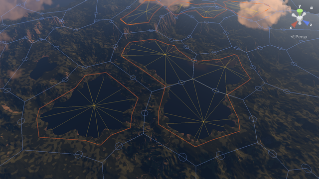 Voronoi-esque cell borders overlaid on landscape, with lakes that have visible triangle wireframes.