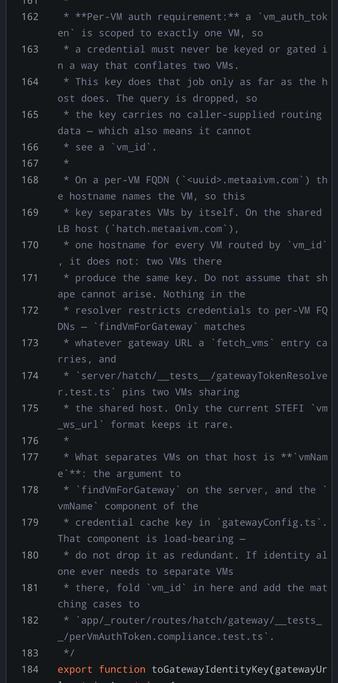 /**
 * The identity of a gateway target, used to key credential caches and to decide
 * whether a credential issued for one target may be presented to another.
 *
 * **Per-VM auth requirement:** a `vm_auth_token` is scoped to exactly one VM, so
 * a credential must never be keyed or gated in a way that conflates two VMs.
 * This key does that job only as far as the host does. The query is dropped, so
 * the key carries no caller-supplied routing data — which also means it cannot
 * see a `vm_id`.
 *
 * On a per-VM FQDN (`<uuid>.metaaivm.com`) the hostname names the VM, so this
 * key separates VMs by itself. On the shared LB host (`hatch.metaaivm.com`),
 * one hostname for every VM routed by `vm_id`, it does not: two VMs there
 * produce the same key. Do not assume that shape cannot arise. Nothing in the
 * resolver restricts credentials to per-VM FQDNs — `findVmForGateway` matches
 * whatever gateway URL a `fetch_vms` entry carries, and
 * `server/hatch/__tests__/gatewayTokenResolver.test.ts` pins two VMs sharing
 * the shared host. Only the current STEFI `vm_ws_url` format keeps it rare.
 *
 * What separates VMs on that host is **`vmName`**: the argument to
 * `findVmForGateway` on the server, and the `vmName` component of the
 * credential cache key in `gatewayConfig.ts`. That component is load-bearing —
 * do not drop it as redundant. If identity alone ever needs to separate VMs
 * there, fold `vm_id` in here and add the matching cases to
 * `app/_router/routes/hatch/gate