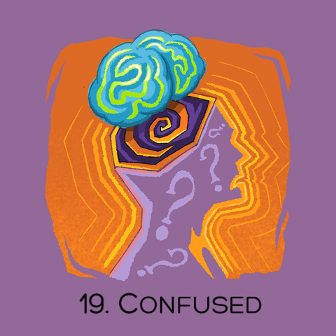 A colorful drawing of a head and torso of a man from slightly behind with his head open and his brain floating outwards. Inside of his skull is a glowing spiral and question marks cover his body.