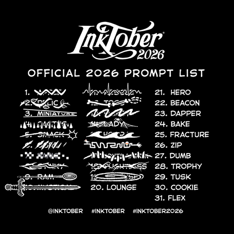 The official Inktober 2026 prompt list with Day 19: Confused crossed off with a spiral-shaped mark.