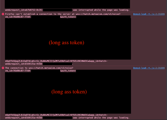 [browser console log, showing how a websocket connection that has the vm_id and auth_token as query params - bearer tokens that allow the holder to make arbitrary requests to the VM server and thus control the agent and many sweet and juicy account takeover vectors - constantly fails and prints the entire token to the console]