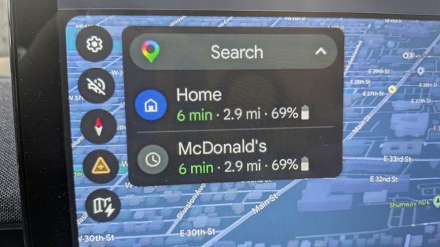 Photo of Google Maps on Android Auto showing me two location options, both with the exact same distance, ETA. One is Home, the other McDonald's