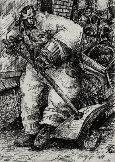 Expressionist ballpoint pen drawing. A dustman sweeping up the sidewalk. A shop windo behind  him, also his  garbage cart, a passer-by and a little glimpse of nocturnal urban landscape (cars, windows, lit street lights).