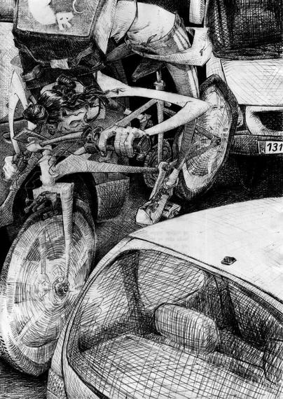 Ballpoint pen drawing, black and white, slightly distorted shapes and perspectives.
A female delivery worker riding her bike among some cars in what looks like a traffic jam.