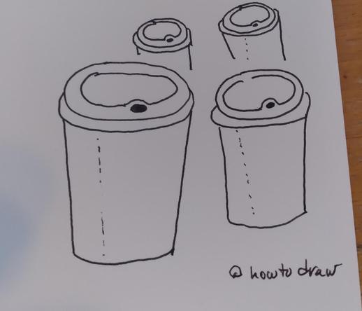 Ink drawings of multiple simplified to go cups with lids with spaces to sip from. Using a video tutorial by @howtodraw
