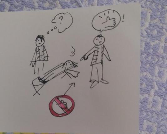 Ink doodle of a woman collapsed on a stretcher. Her teammate is pointing to her and has a speech bubble with a thumbs up. Her other teammate looks uncertain, ??. A helpful arrow point out she is most definitely okay right now. But she will be! Promise! (Neesae OC, Frye lying his butt off, Gwin the good boy)