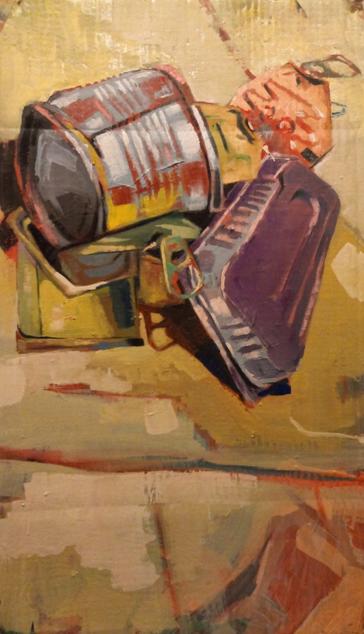 Alla prima, fast oil sketch painted from life. Expressionist, distorted shapes, loose brush strokes, not so naturalistic colours.
Some empty fish tins piled one upon the other.