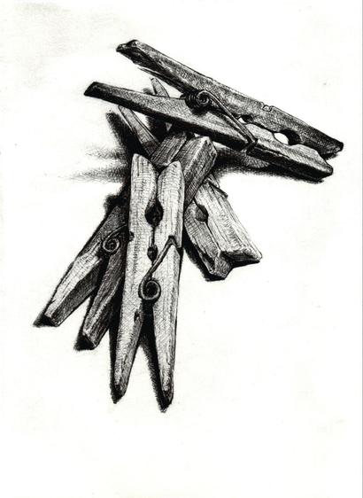 Black & White realistic ballpoint pen drawing. A bunch of wooden clothes pegs piled one upon the other.