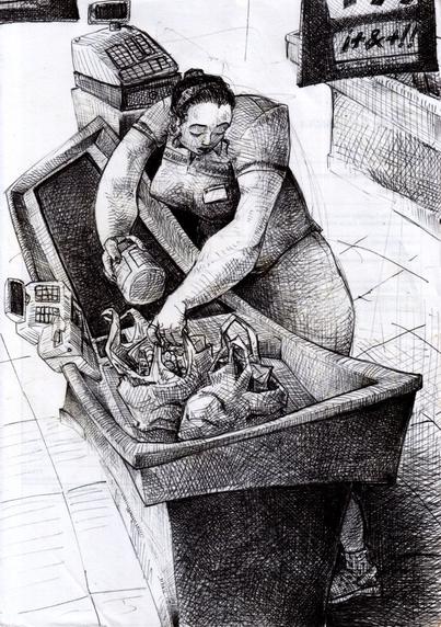Expressionist black and white ballpoint pen drawing. A checker bagging groceries in a supermarket point of sale.