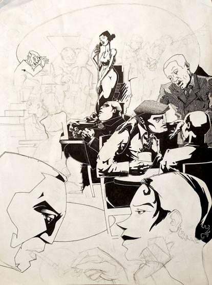 Unfinished black and white ink drawing, most of it still just pencil sketched. An old jazz club (maybe the forties or fifties). A girl is lightening a guy's cigarette on the forefront, a couple of tables occupied with some apparently tough cats in the middle and the band at the background (piano, bass, a lady singer, and the winds by her side trumpet, saxo and trombone)