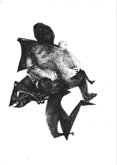 Black and white ballpoint pen drawing. A big splash of thoroughly hatched ink over the white impolyted surface of the paper with no surroundings or ambient.
A figure seated with legs crossed and hands resting on them. Their features are extremely simple and schematic (just a couple of dots and a short horizontal line) showing almost no expression.
But, behind, what at a first glance seems to be the projected shadow of their body appears mixing itself seamlessly with and into it, the presence of hands and suffering or menacing faces hidden deep inside its darkness.