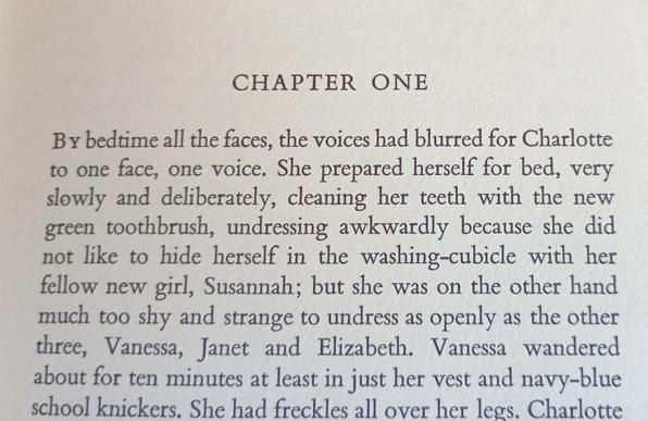 The opening paragraph of chapter one of CHARLOTTE SOMETIMES.  The opening sentence  - "By bedtime all the faces, the voices, had blurred for Charlotte to one face, one voice." was paraphrased by Robert Smith in the song of the same name (by The Cure), that he based upon the book.