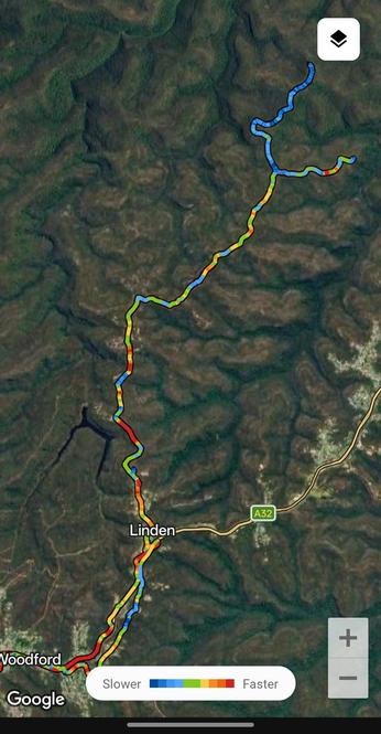 A satellite view of today's ride. The towns of Linden and Woodford are marked. We can also see the Great Western Highway (A32) heading owards Sydney. Lake Woodford and parts of the access tracks I enjoy can be seen on the left. Today's dirt started at the 90 degree turn above the dam. The dominant blue section of track is the slow singletrack.