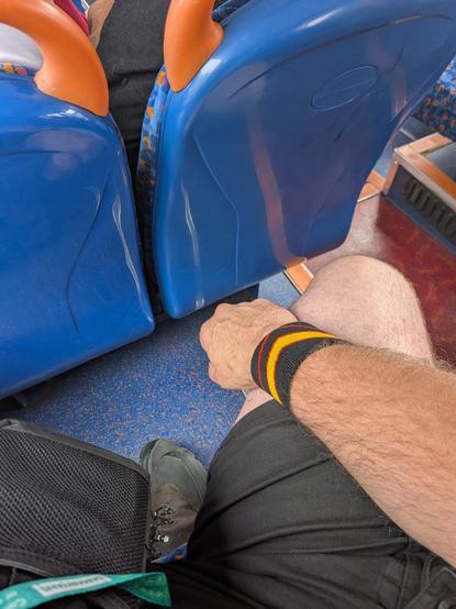 My wrist has a sweatband on it. The pride flag on the sweatband is for rubber/latex pride and is a black background with a yellow and red striped pattern.