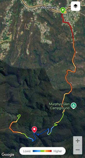 An aerial image showing the route from Woodford Station to Ingar Campground, and back to Bedford Creek. The route colours indicate relative altitudes, blue lowest, red highest. Murphy's Glen campground is also shown. Unlike Ingar, it's accessible by 2WD car. Which leads to idiots abandoning lit fires. FFS. There's a dam right there!