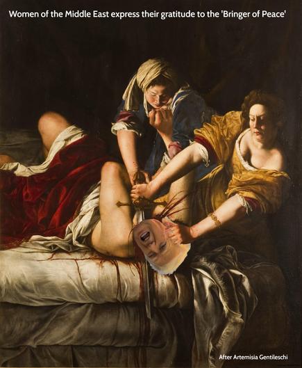 One woman holds Donald Trump down on a bed while another cuts his head off with a sword. (A modification of a painting by Artemisia Gentileschi.)