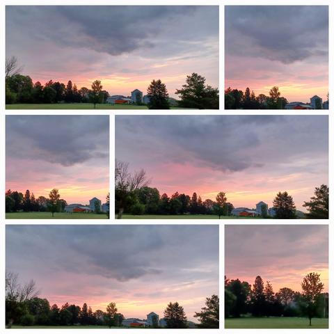 Various photos of a sunrise shot a few minutes apart. The setting is in a rural farmland area.