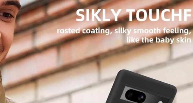 Part of a promo image for a black phone case showing the top of the case and this text (spelling exactly as written):
SIKLY TOUCHF
rosted coating, silky smooth feeling, like the baby skin