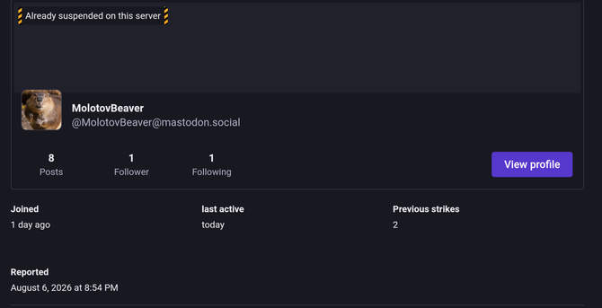 Molotov Beaver joined mastodon 1 day ago, posted 8 posts with a 25% strike rate. I think we'll just block that one.