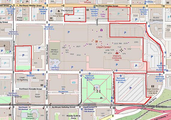 Marble maps OSM view of Lloyd Center blocks with ground level parking (some) outlined in red.
