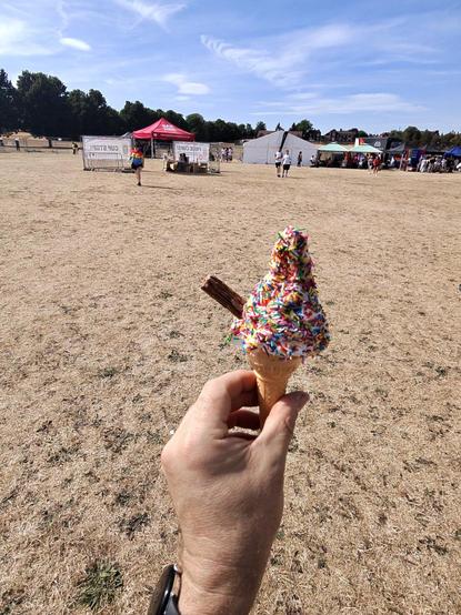 I'm holding a rainbow sprinkles covered ice cream.