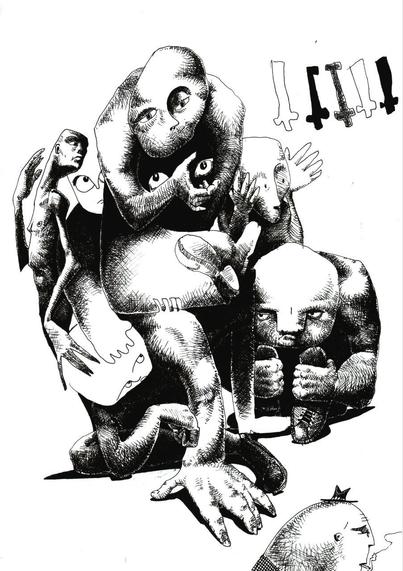Black and white ballpoint pen drawing; surreal, slightly expressionist.
A massive formless presence rests in the middle of the page occupying most of it. It is easy to recognise some familiar shapes (arms, legs, hands, feet, faces, and other human parts, both dressed and naked) emerging among all this mash of strongly hatched, marked contrasts between its dark and light areas, ink-work, none of them ending up growing into a whole, complete and separate human being.
Fitting no face, two big almond eyes adorn the deepest and darkest area of the "body".
Cropped at the forefront, another head (smoking and wearing a ridiculous tiny hat and a checkered top garment) crosses the scene, alien to the strange being placed just behind him.
At the upper right corner five similar yet not the same abstract shapes, resembling ancient rock art antropomorphic signs. Difficult to discriminate whether they are either floating inside, on the background or even drawn over the picture.