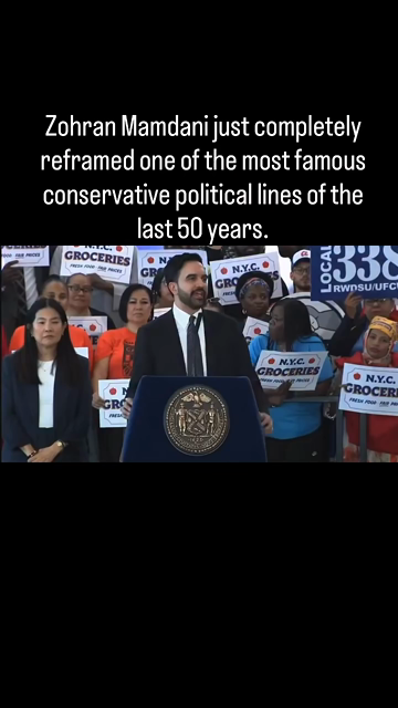 Video clip of a Zohran Mamdani speech about the NYC Groceries campaign.  He is standing at a blue podium that has a golden state seal on the front.  There are supporters standing behind him with rally signs.

Mamdani:  Ronald Reagan said the nine most frightening words in the English language - I'm from the gov't, and I'm here to help.

Zohran Mamdani:  I think the nine most frightening words are 

I worked all day, I can't feed my family