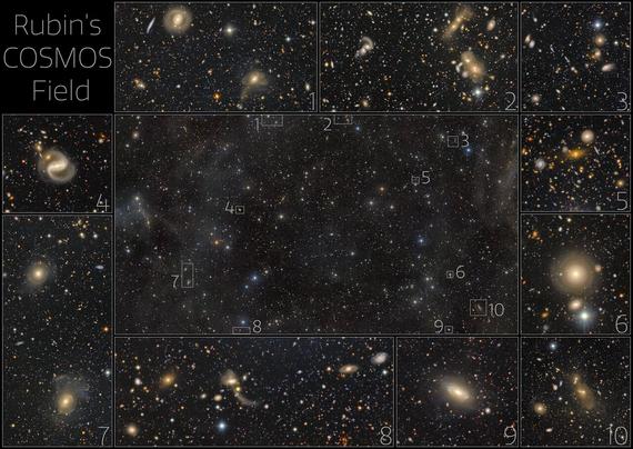 A deep field image of the sky, with some highlighted areas shown with a zoom-in.