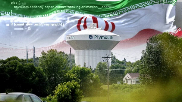 Animated Illustration of plymouth water tower, an iranian flag and some hackers code