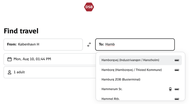 National search shows Hamburg ZOB, a bus station, but no rail station