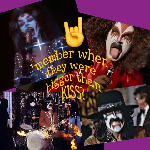 McKenzie Phillips in Bowie/KISS style makeup from an ep of Incredible Hulk. Donny Most in makeup, red satin jumper and cape, and big red hair, from CHiPs. Sonny Bono in makeup as Deacon Dark from The Love Boat. His drummer looks like a panda instead of a skeleton. He's got some heft, as I once had said about me. 😁 Great collage of fake rockers, like out of Hit Parader magazine.  Overlaid text reads: 'member when they were bigger than KISS?